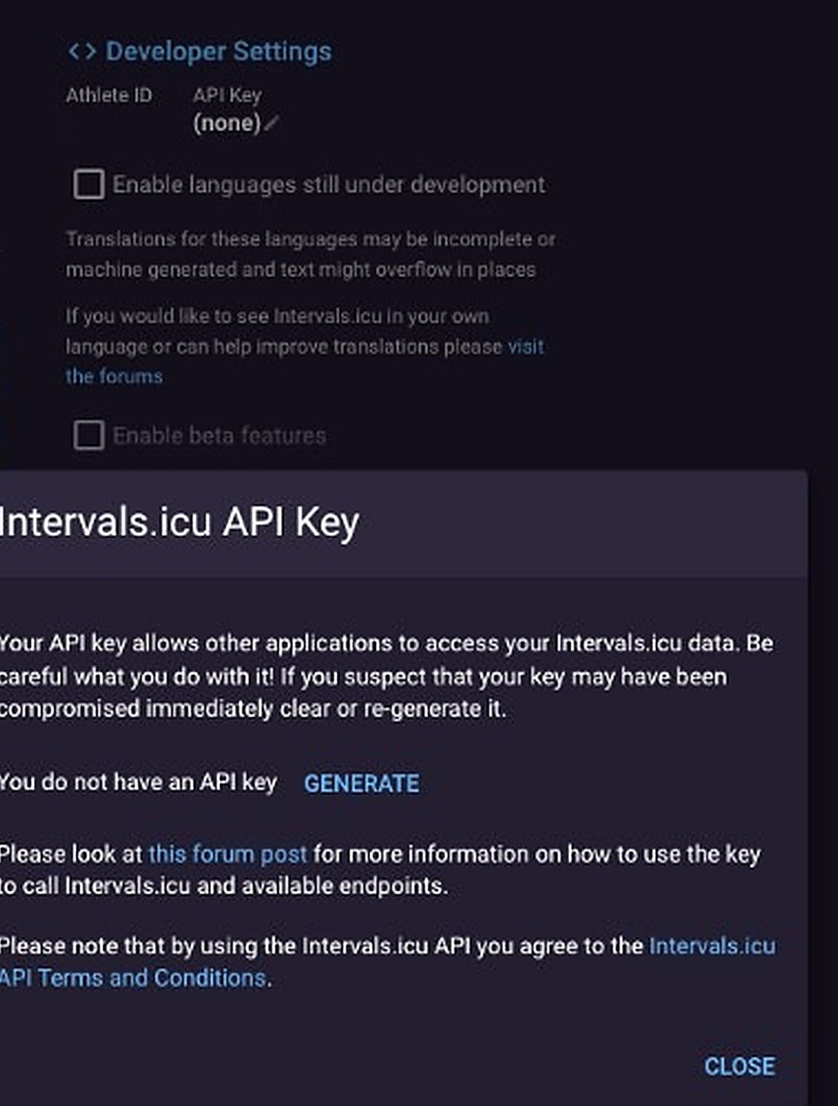 Intervals.icu API key dialog